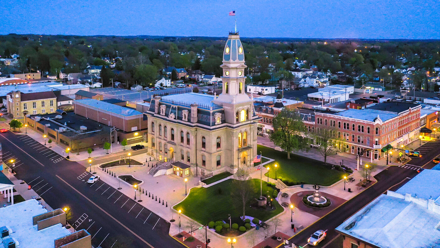 Aerial view of Downtown Bellefontaine at dusk