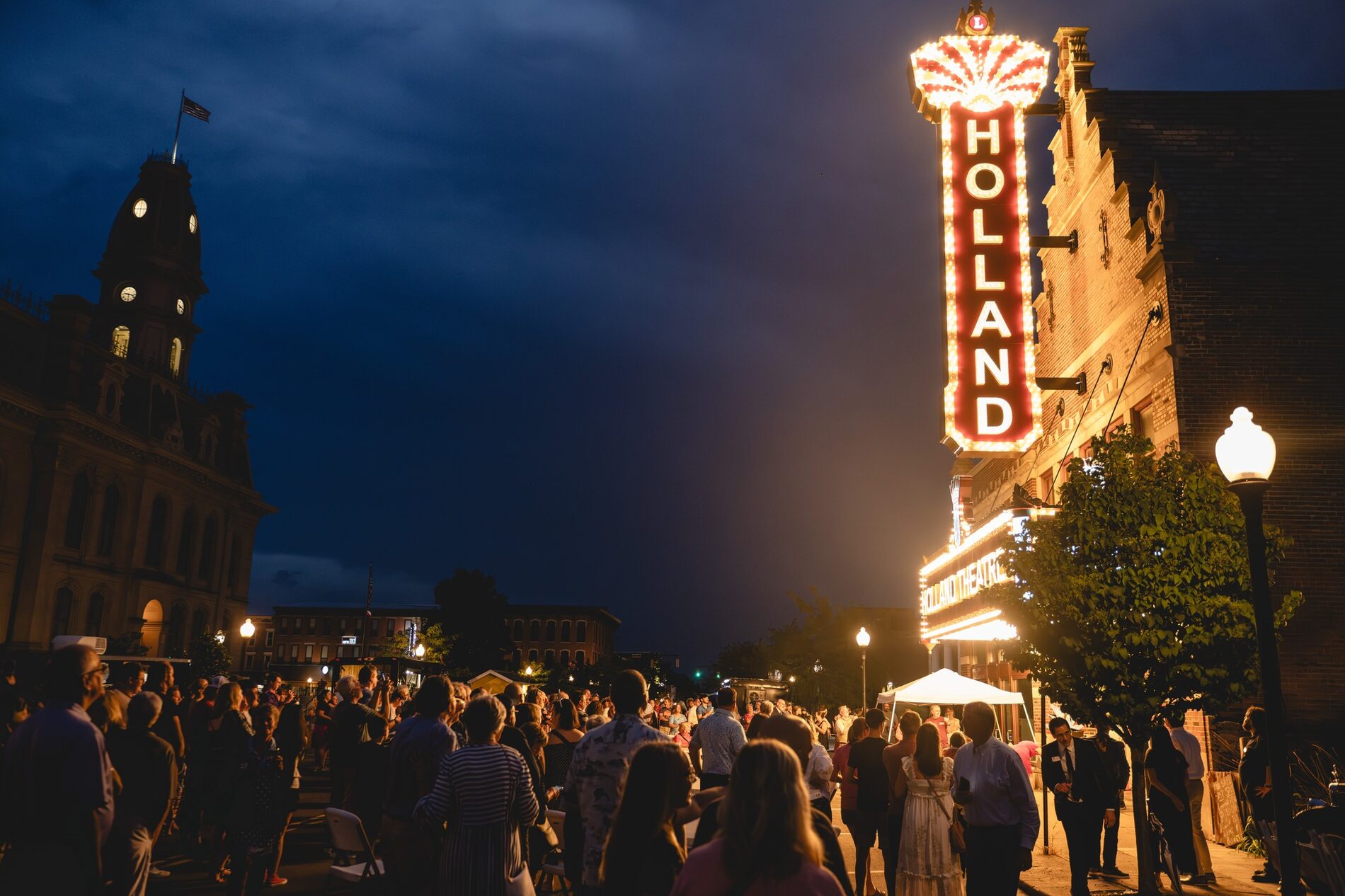 The Holland Theatre lit at night